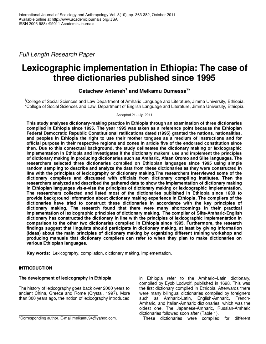 (PDF) Lexicographic implementation in Ethiopia: The case of three