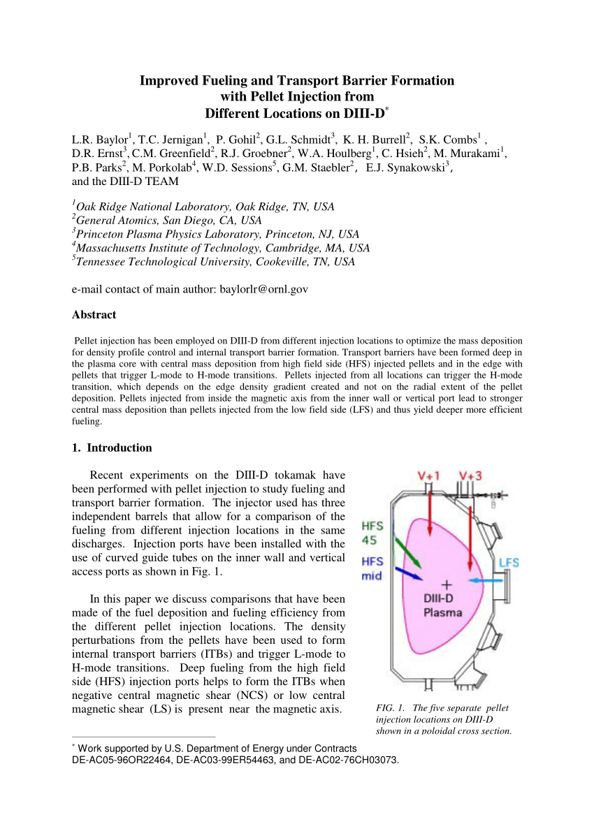 Pdf Improved Fueling And Transport Barrier Formation With Pellet Injection From Different Locations On Diii D