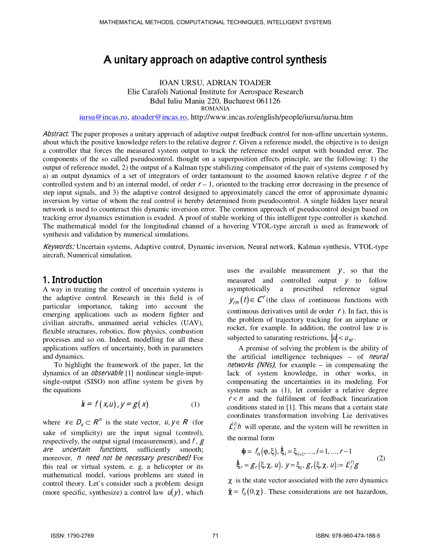 Pdf A Unitary Approach On Adaptive Control Synthesis