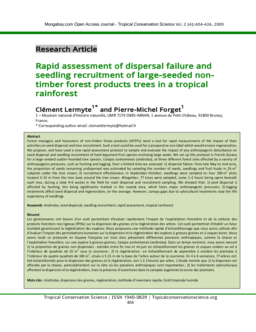 Pdf Rapid Assessment Of Dispersal Failure And Seedling Recruitment Of Large Seeded Non Timber Forest Products Trees In A Tropical Rainforest