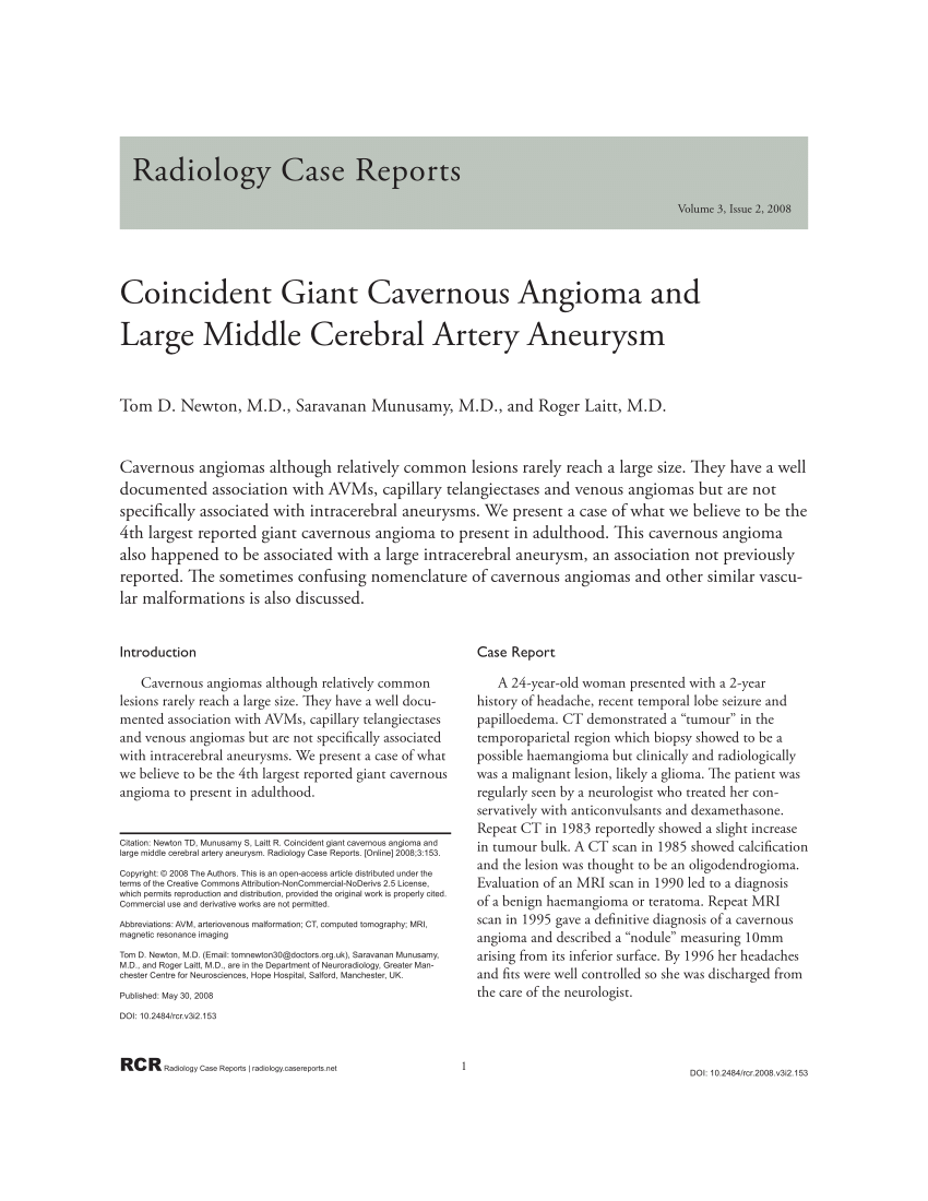 Pdf Coincident Giant Cavernous Angioma And Large Middle Cerebral Artery Aneurysm