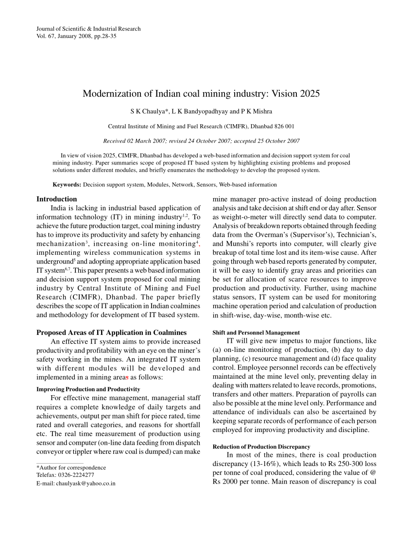 PDF) Modernization of Indian coal mining industry: Vision 2025