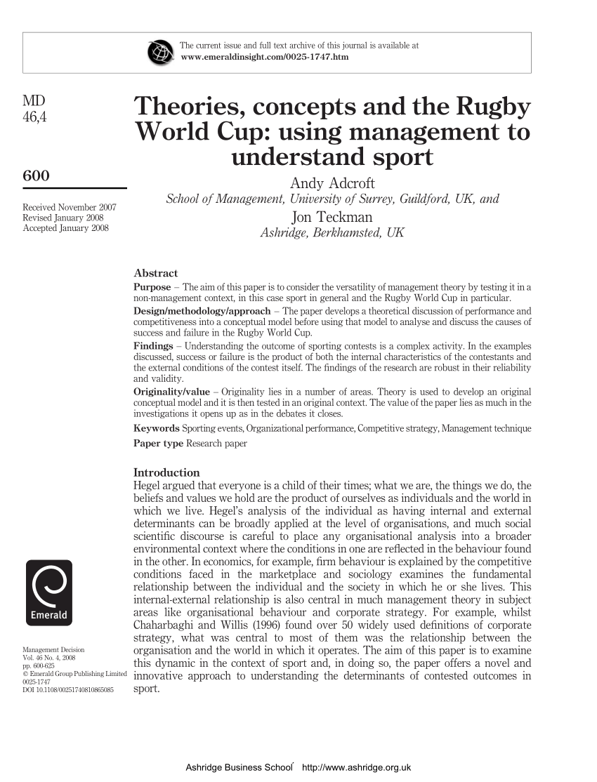 PDF) Theories, concepts and the Rugby World Cup: Using management 