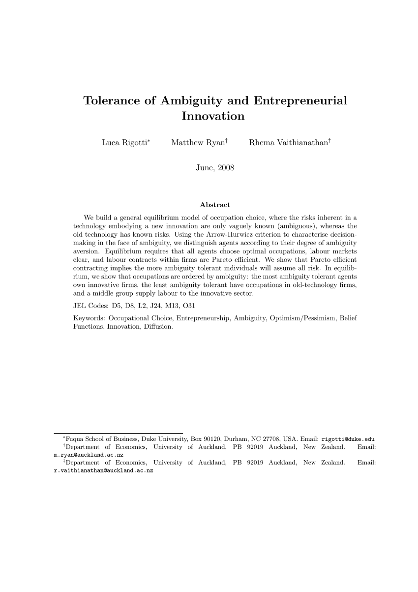 Pdf Tolerance Of Ambiguity And Entrepreneurial Innovation