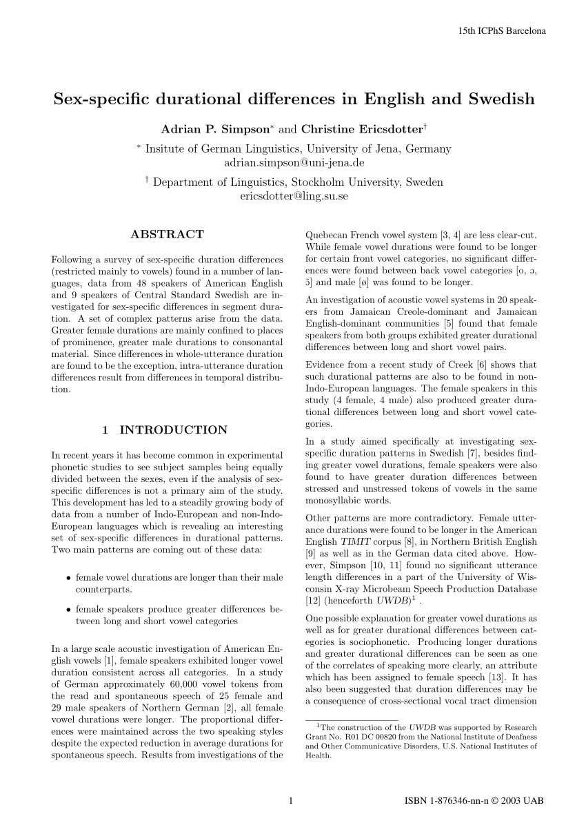 PDF) Sex-specific durational differences in English and Swedish