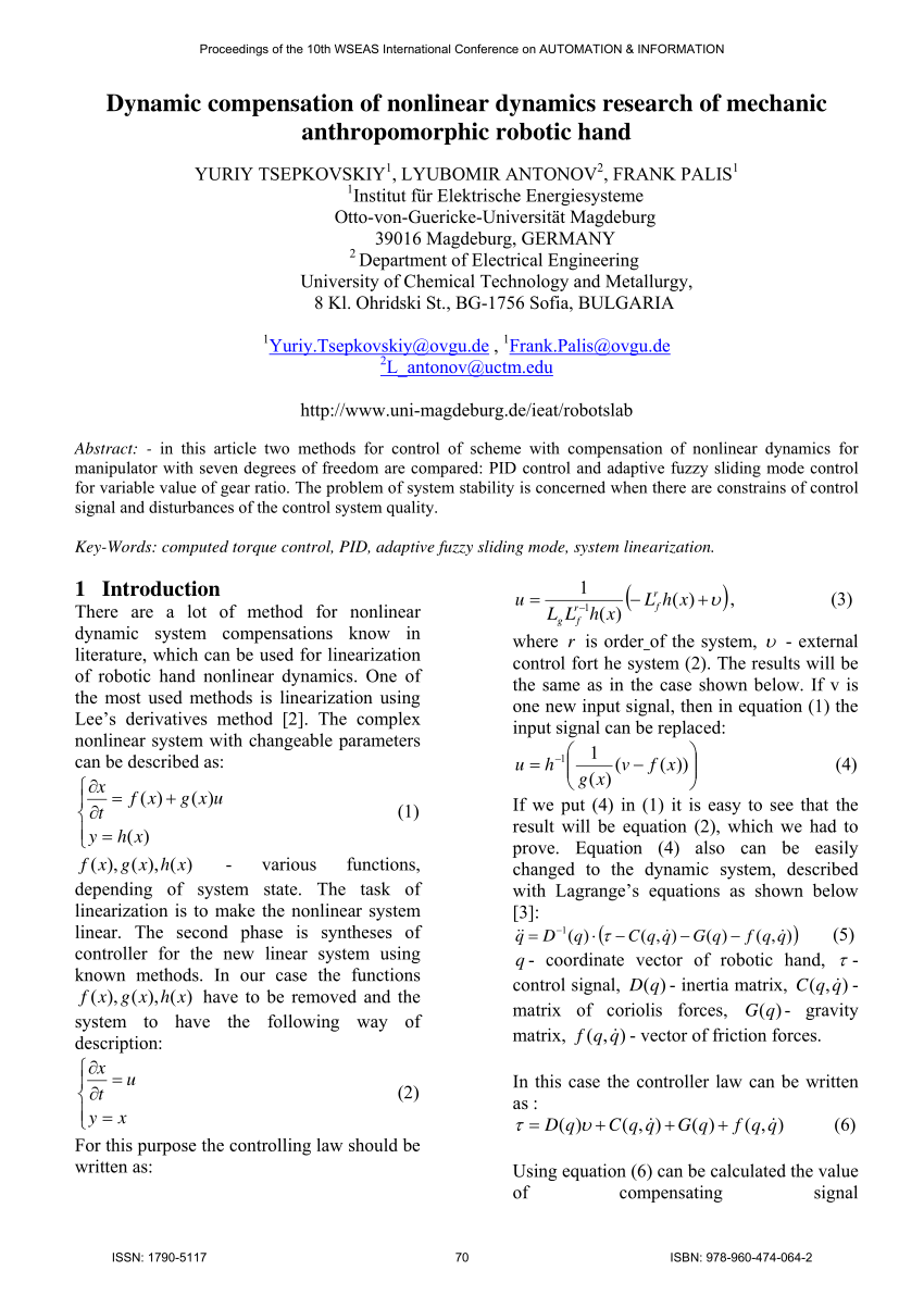 Pdf Dynamic Compensation Of Nonlinear Dynamics Research Of Mechanic Anthropomorphic Robotic Hand