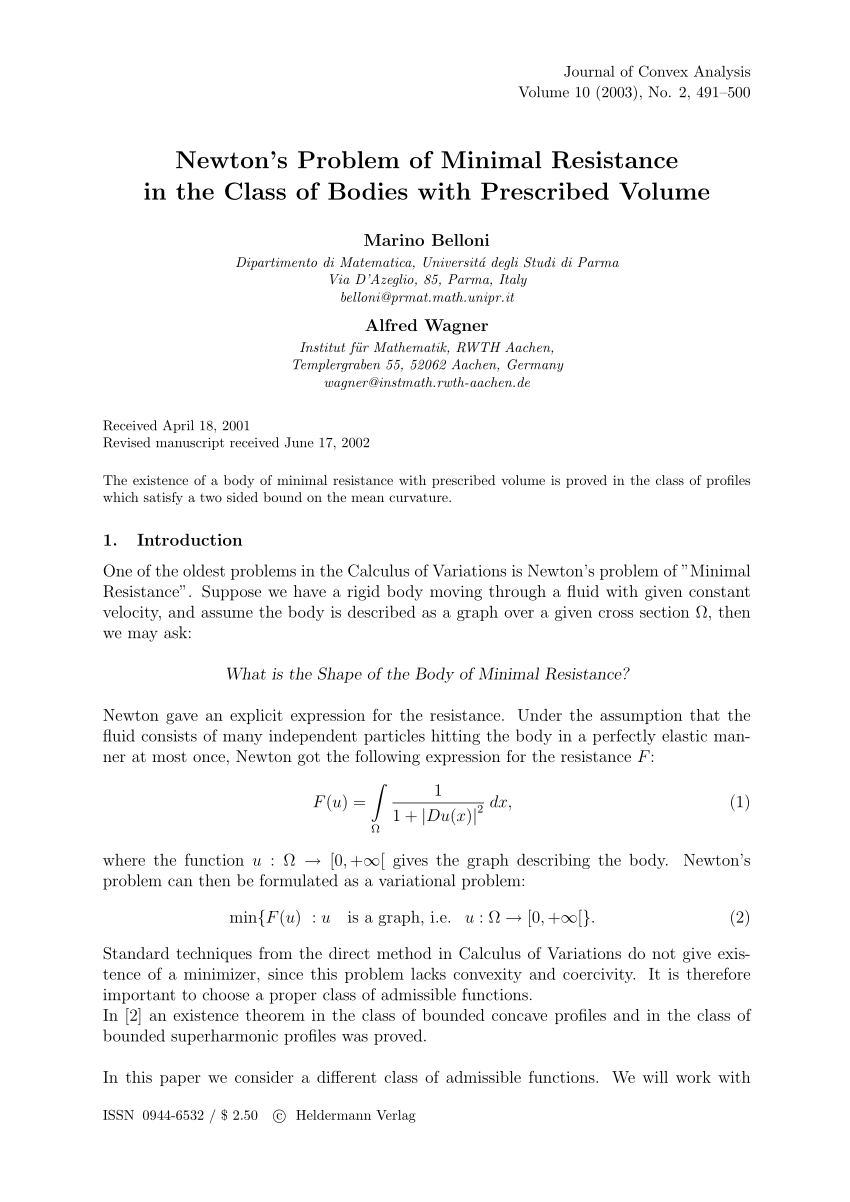 (PDF) Newton's Problem of Minimal Resistance in the Class of Bodies ...