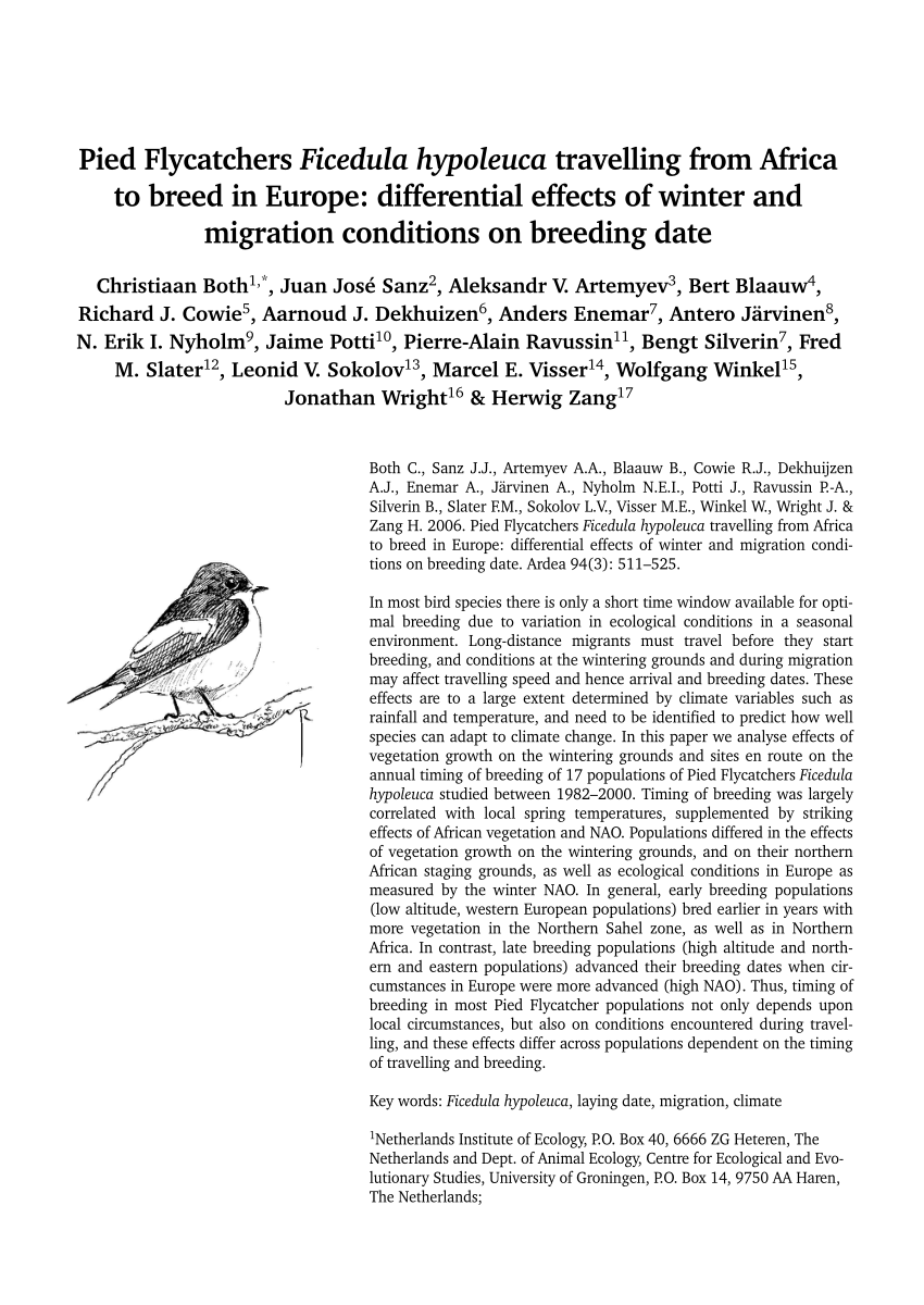 Pdf Pied Flycatchers Ficedula Hypoleuca Travelling From Africa To Breed In Europe Differential Effects Of Winter And Migration Conditions On Breeding Date