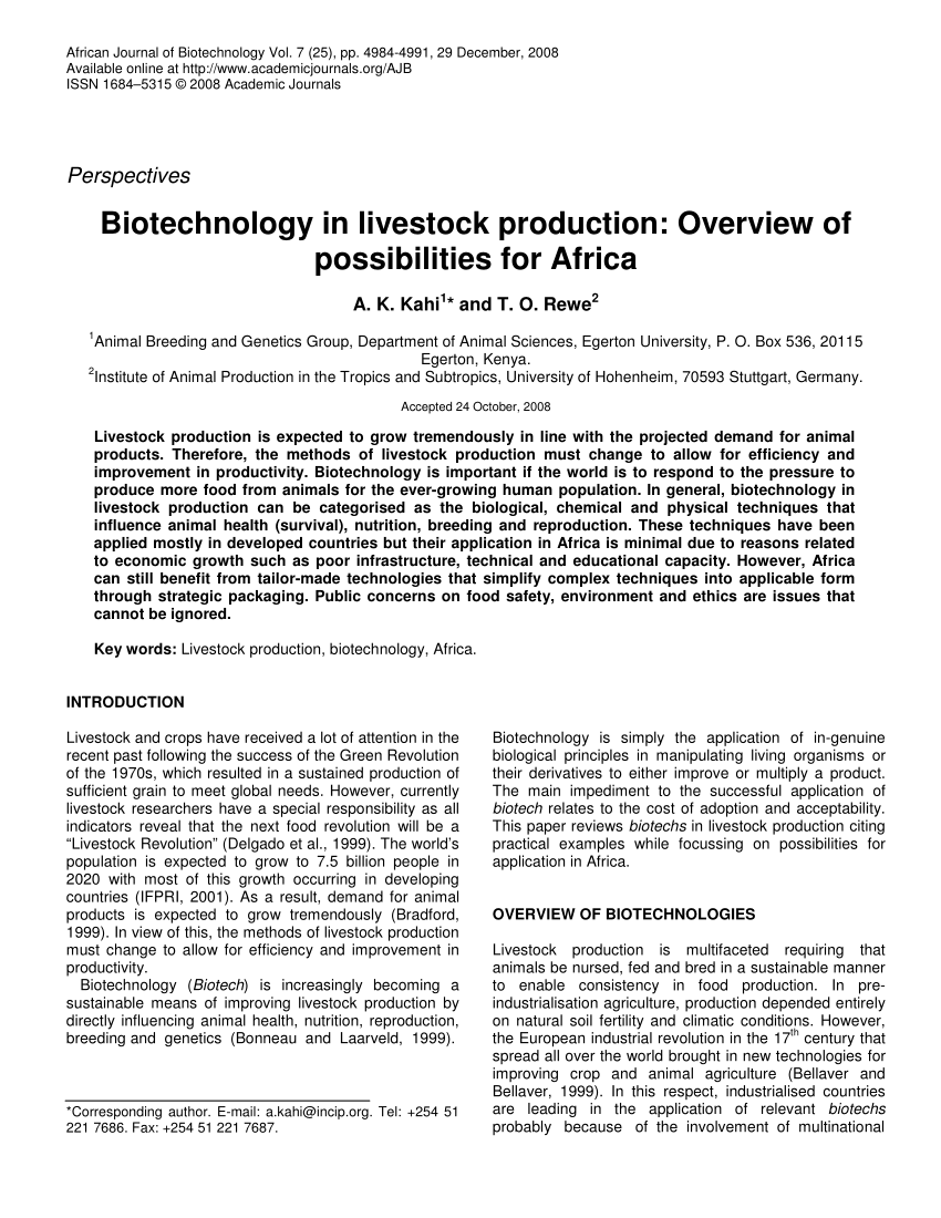 PDF) Biotechnology in livestock production: Overview of possibilities for  Africa