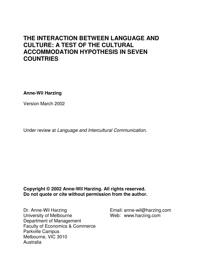 Pdf The Interaction Between Language And Culture A Test Of The Cultural Accommodation Hypothesis In Seven Countries