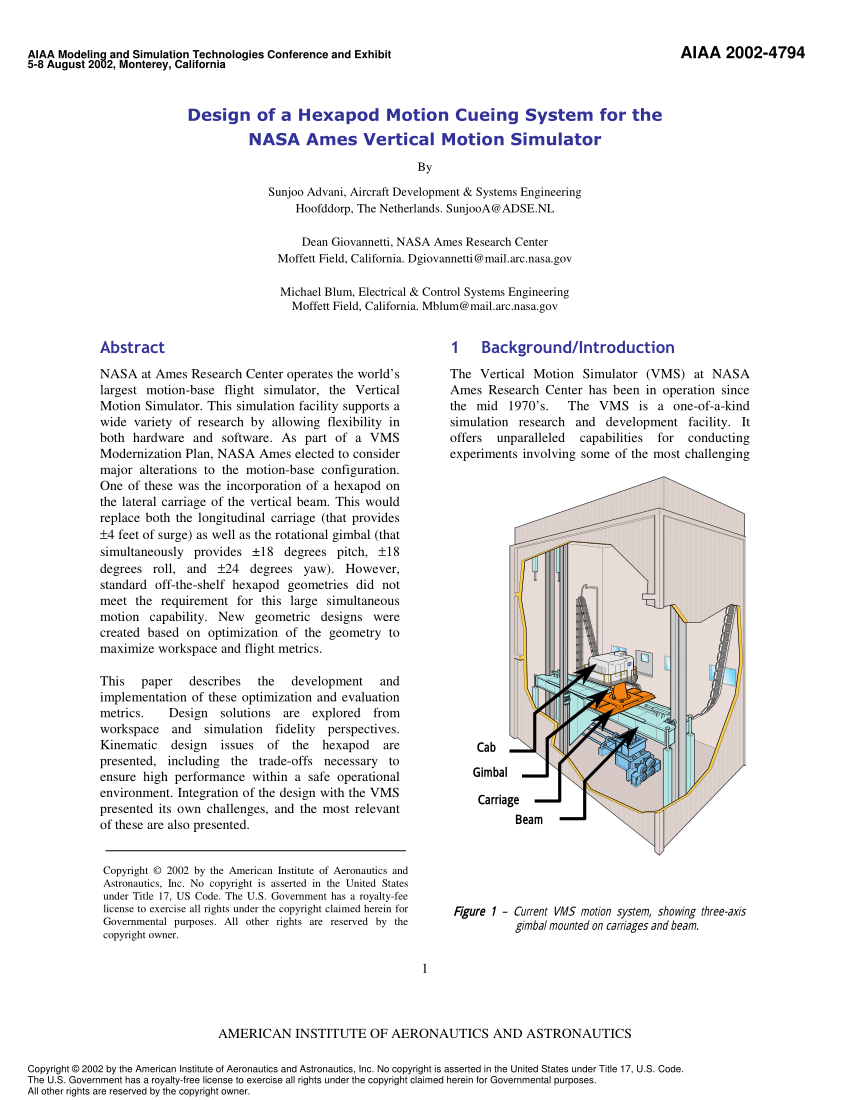 Pdf Design Of A Hexapod Motion Cueing System For The Nasa Ames