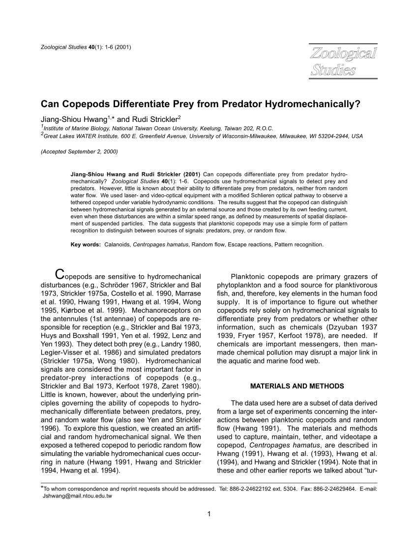 Pdf Can Copepods Differentiate Prey From Predator Hydromechanically