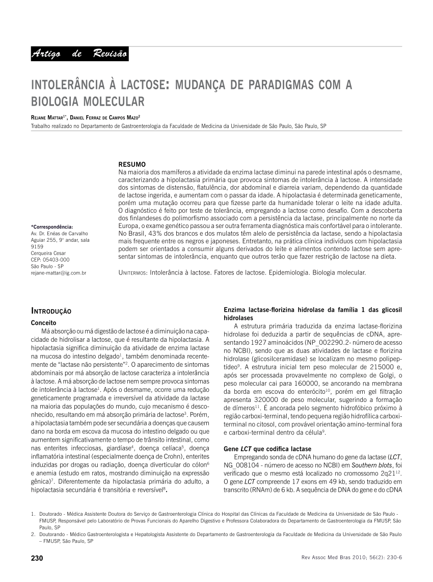 Pdf Intolerancia A Lactose Mudanca De Paradigmas Com A Biologia Molecular