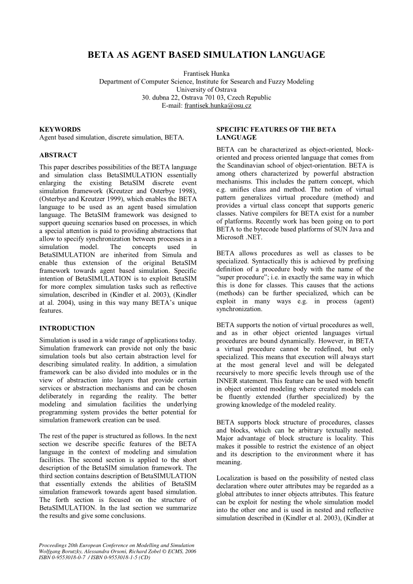 Pdf Beta As Agent Based Simulation Language
