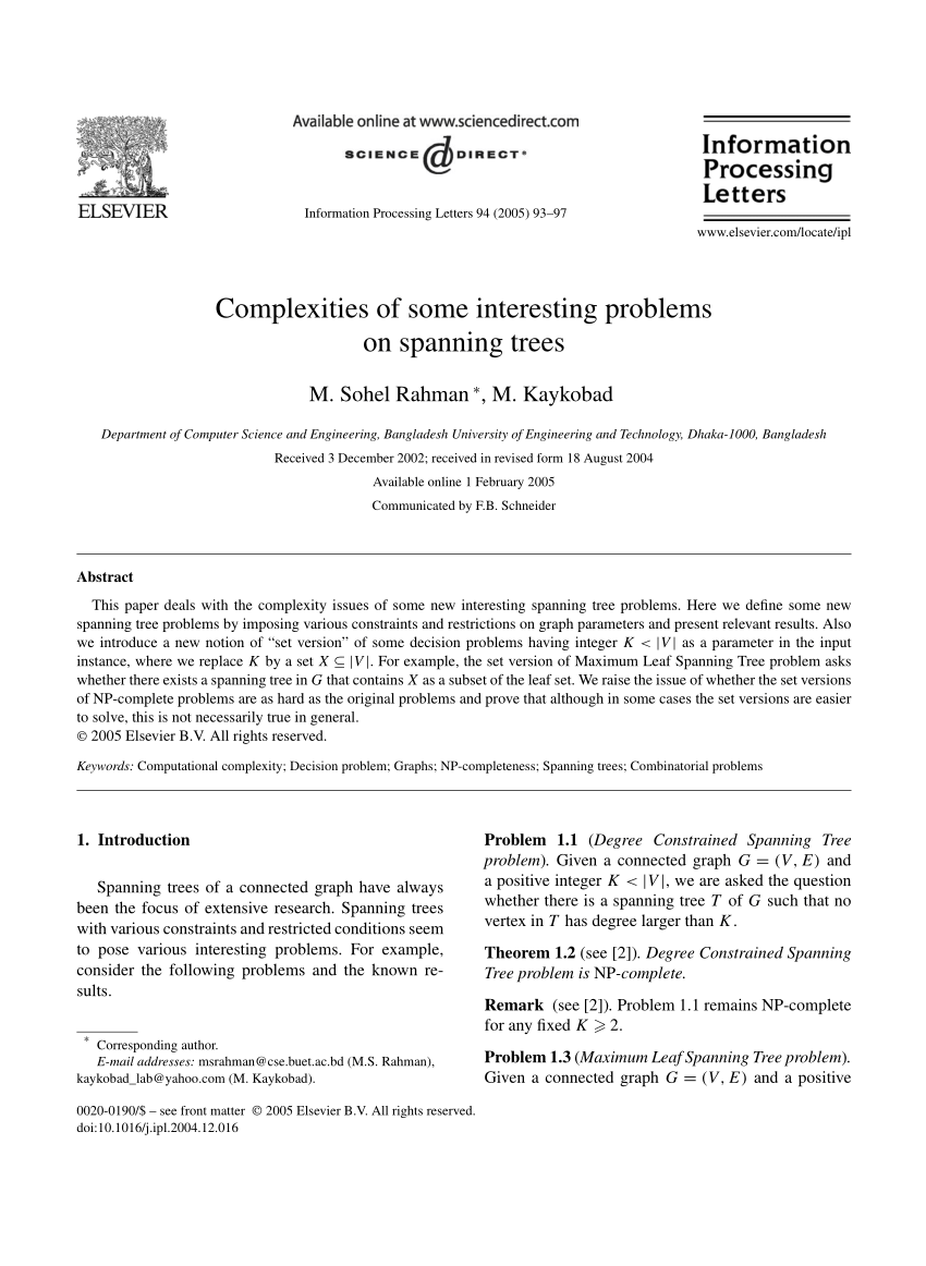 Pdf Complexities Of Some Interesting Problems On Spanning Trees