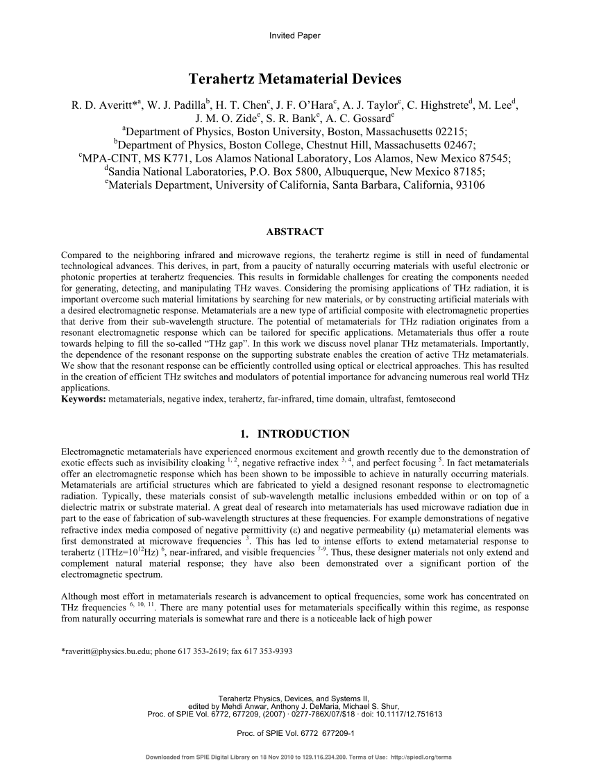 Pdf Terahertz Metamaterial Devices - 