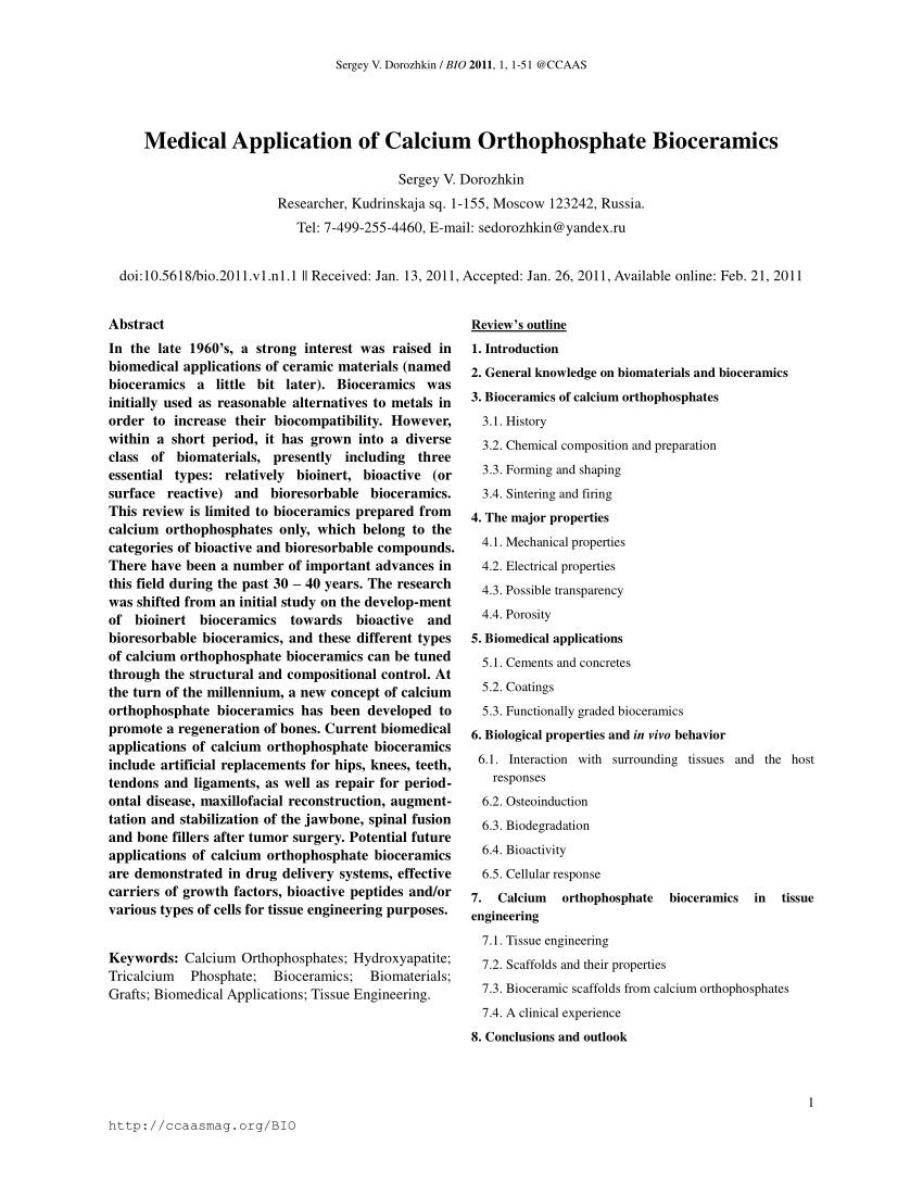 PDF Medical Application of Calcium Orthophosphate Bioceramics