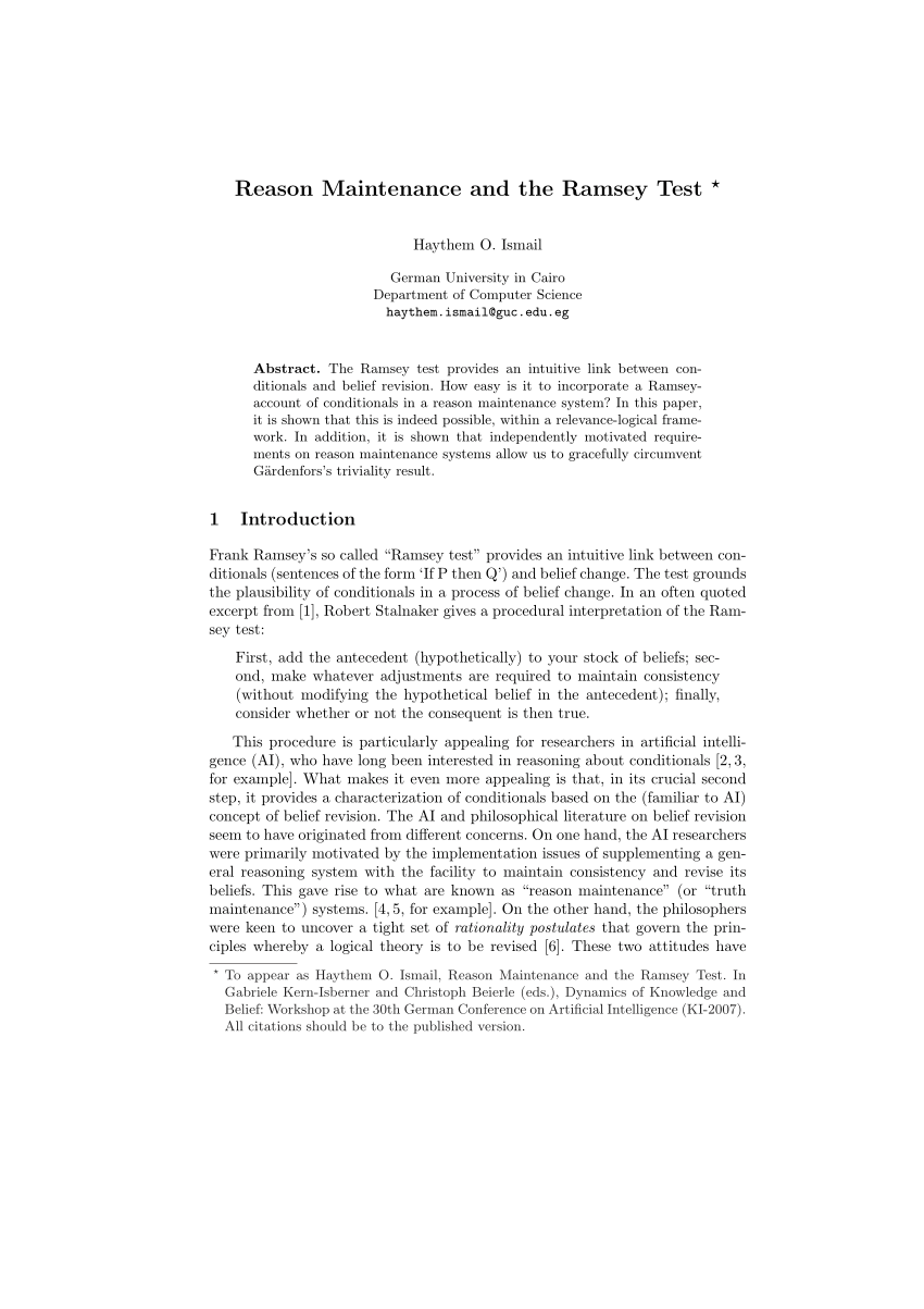 (PDF) Reason Maintenance and the Ramsey Test