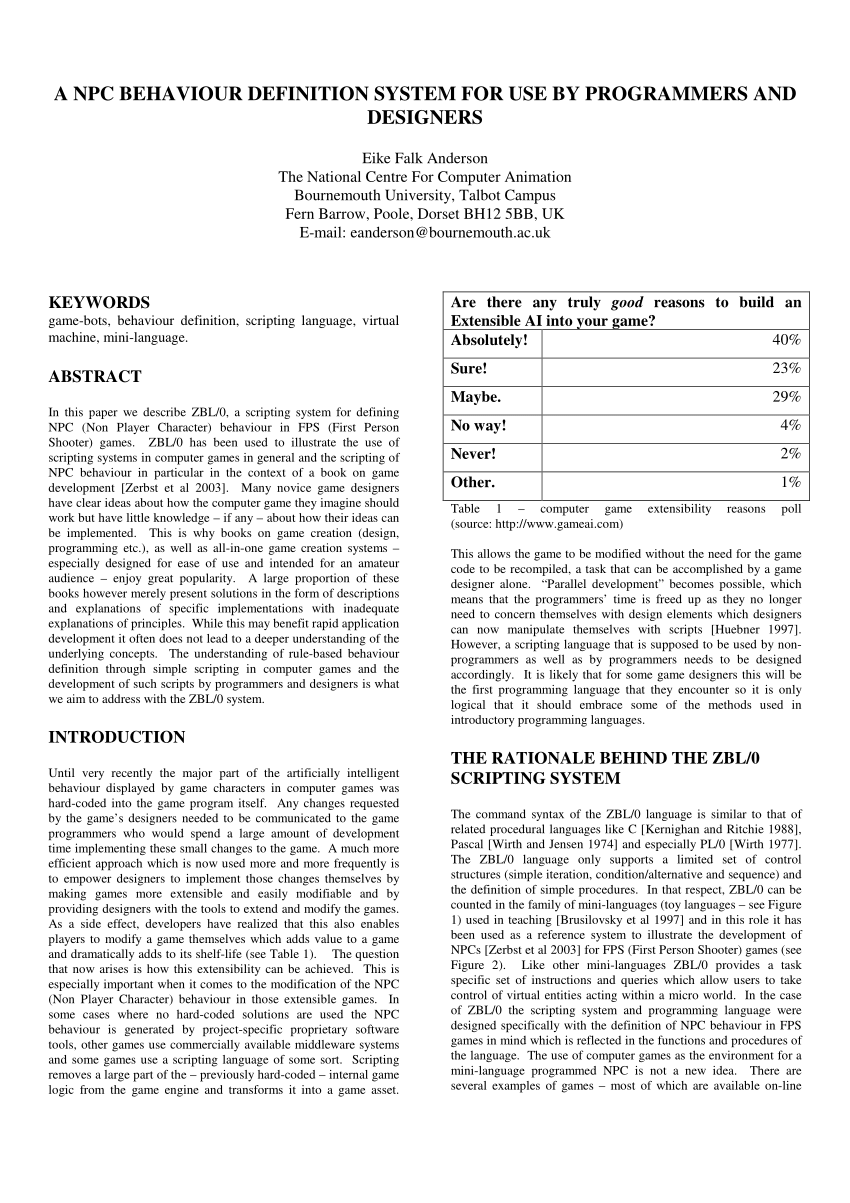 Pdf A Npc Behaviour Definition System For Use By Programmers And Designers