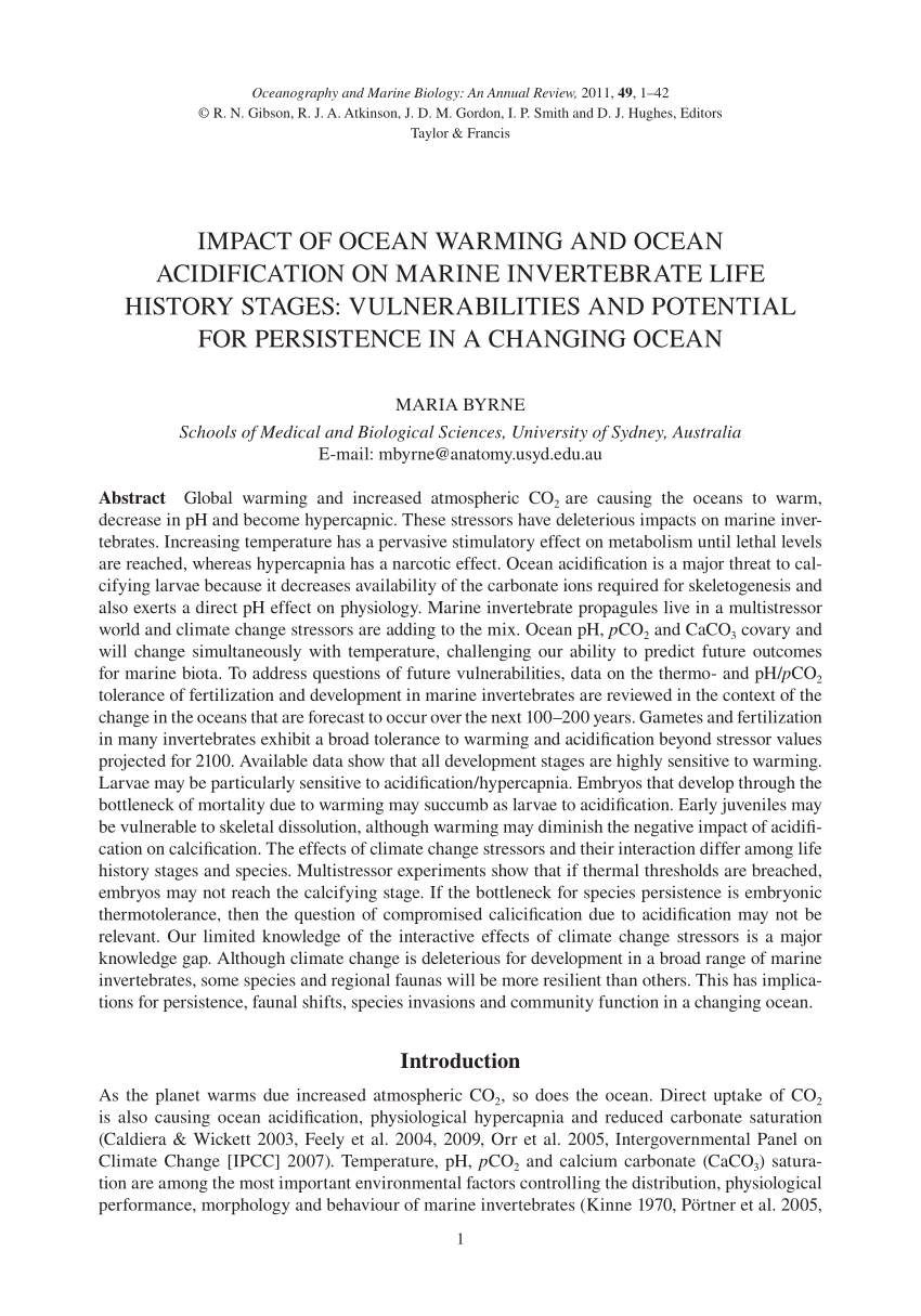 Pdf Impact Of Ocean Warming And Ocean Acidification On Marine Invertebrate Life History Stages Vulnerabilities And Potential For Persistence In A Changing Ocean