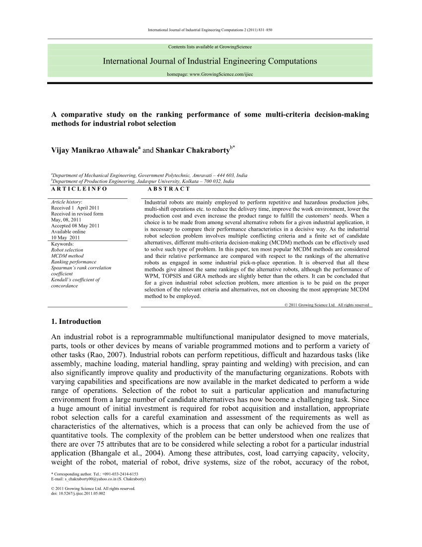 Pdf A Comparative Study On The Ranking Performance Of Some Multi Criteria Decision Making Methods For Industrial Robot Selection