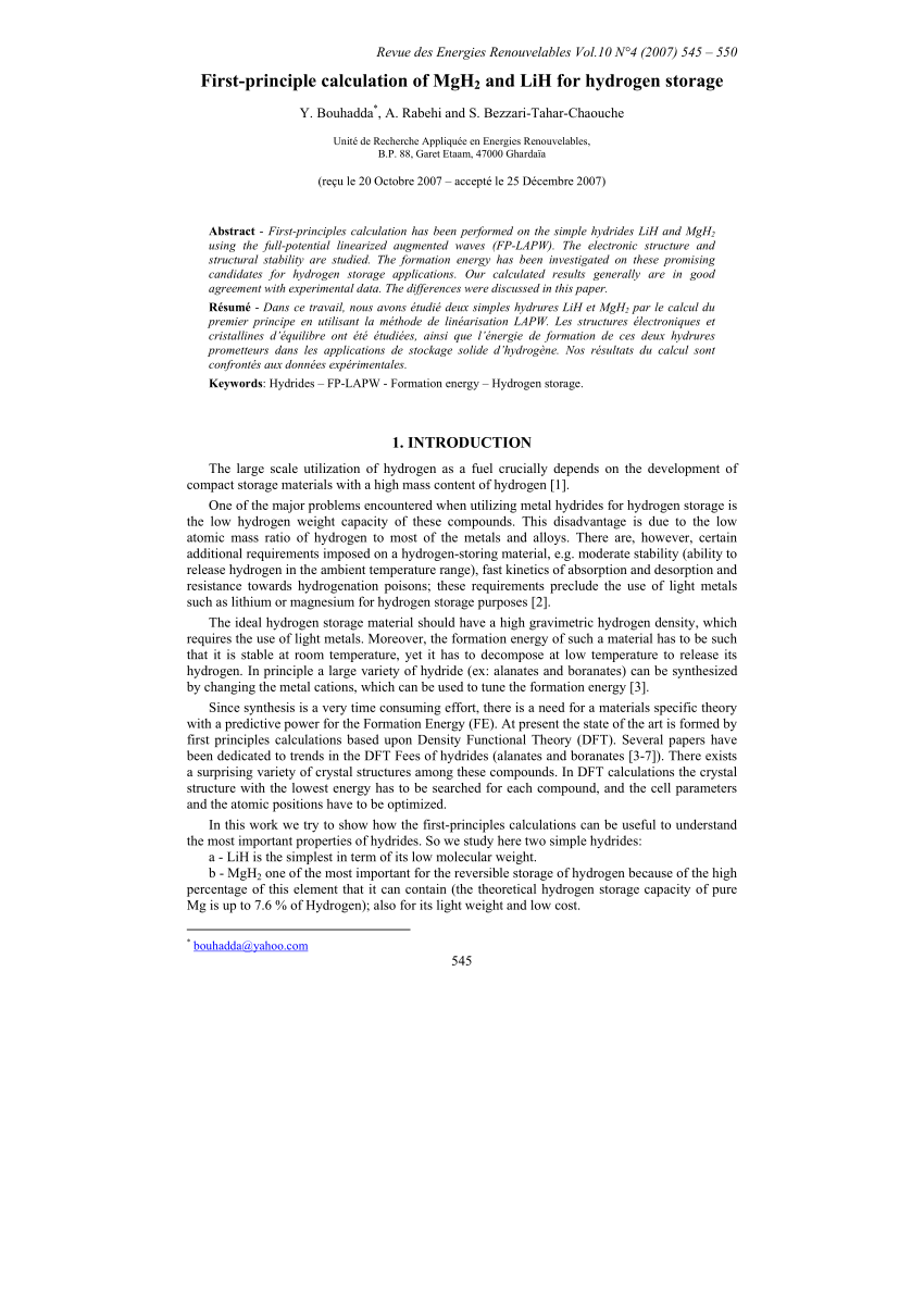 Pdf First Principle Calculation Of Mgh2 And Lih For Hydrogen Storage