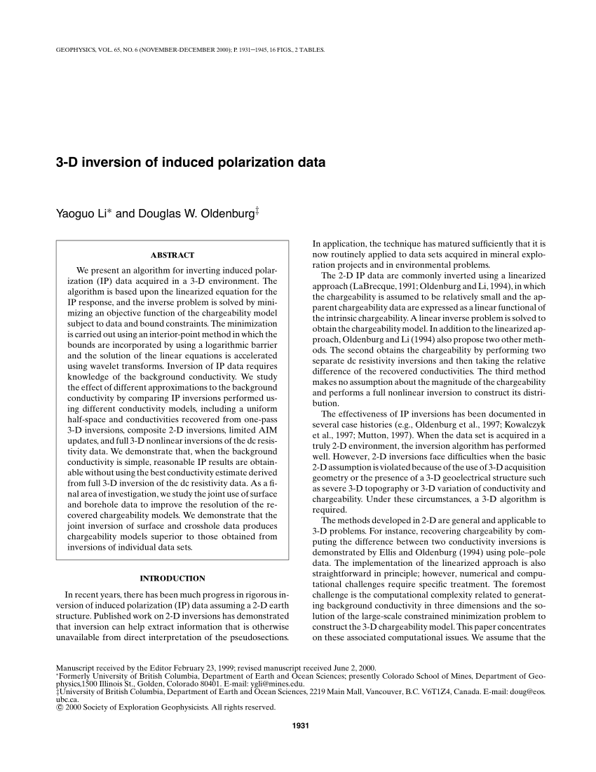 Pdf 3 D Inversion Of Induced Polarization Data