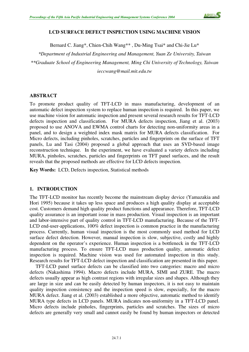 Pdf Lcd Surface Defect Inspection Using Machine Vision - 