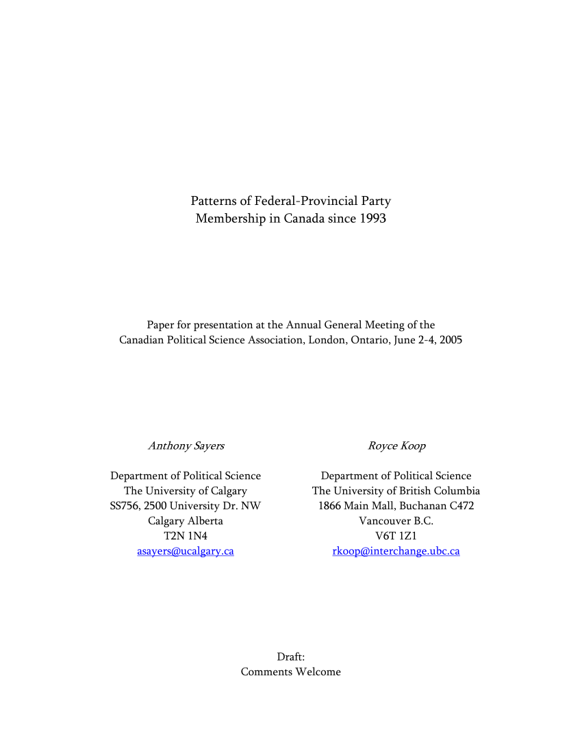 Pdf Patterns Of Federal Provincial Party Membership In Canada Since 1993