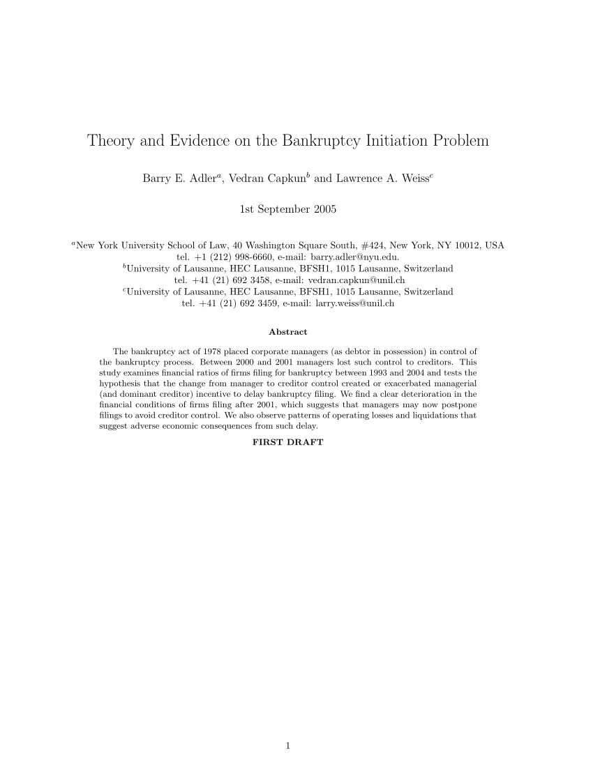 Pdf Theory And Evidence On The Bankruptcy Initiation Problem