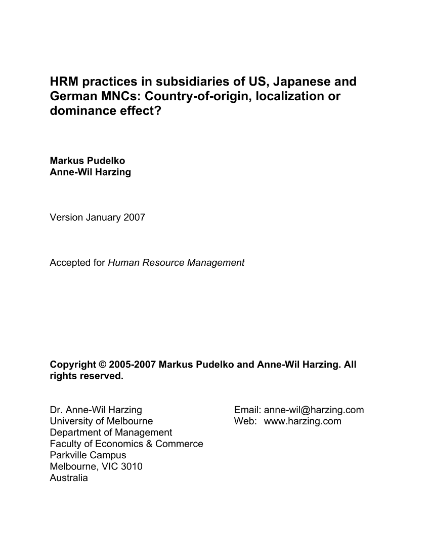 Pdf Hrm Practices In Subsidiaries Of Us Japanese And - 