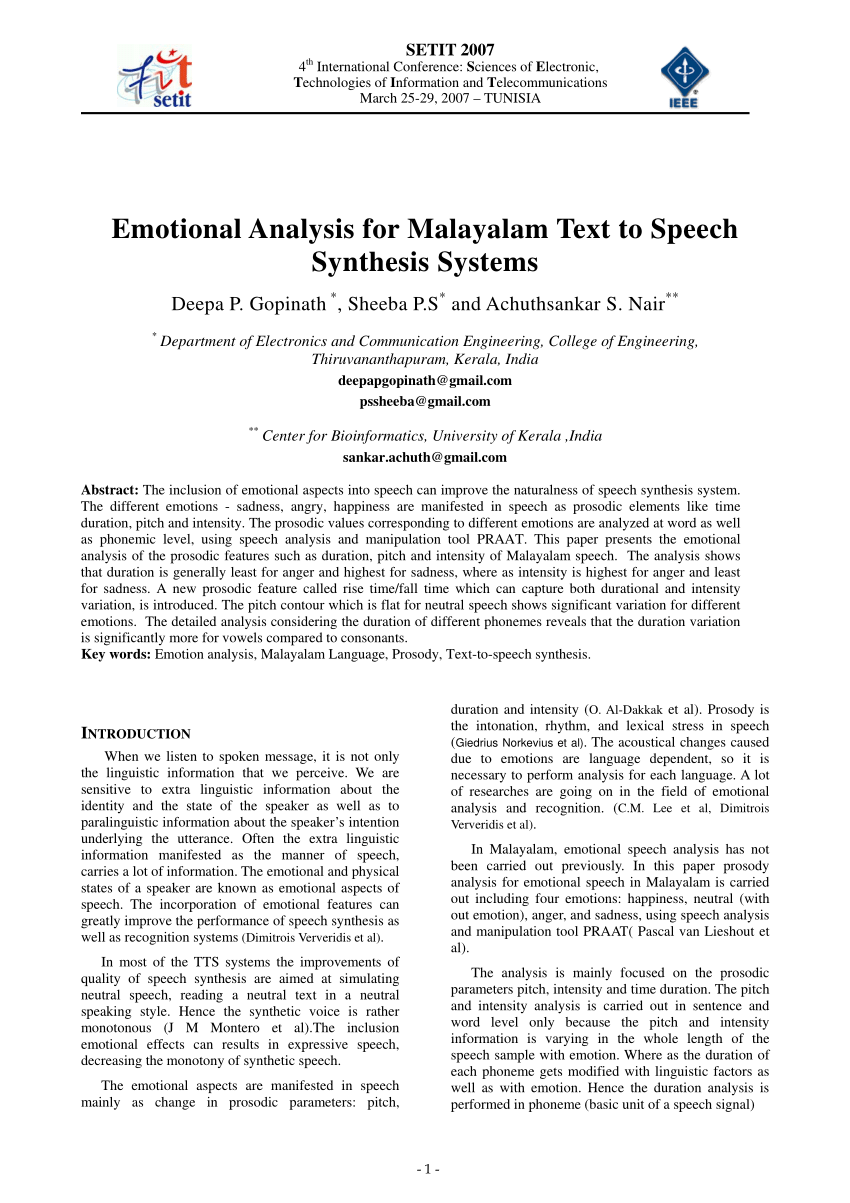 Pdf Emotional Analysis For Malayalam Text To Speech Synthesis Systems