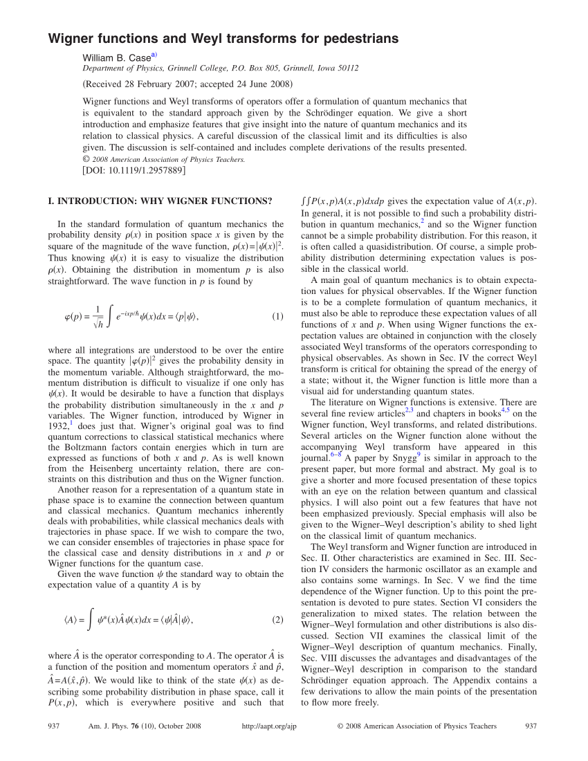 (PDF) Wigner functions and Weyl transforms for pedestrians
