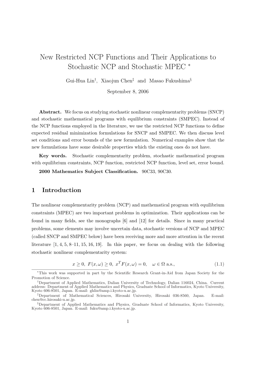 (PDF) New restricted NCP functions and their applications to stochastic Sns-Brigh10