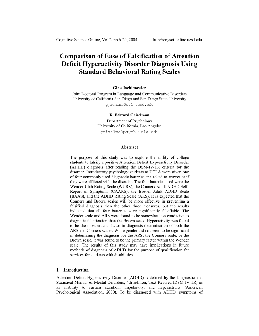 PDF) Comparison of ease of falsification of attention deficit hyperactivity  disorder diagnosis using standard behavioral rating sales