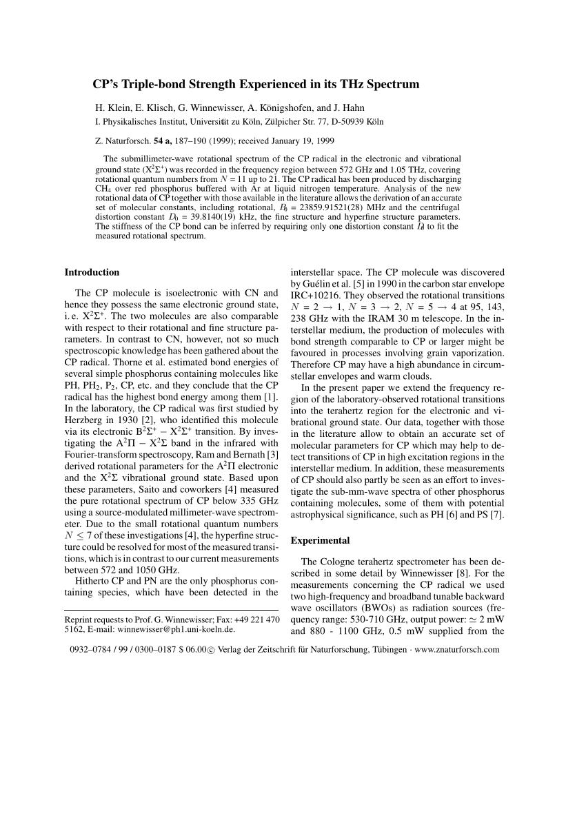 Pdf Cp S Triple Bond Strength Experienced In Its Thz Spectrum