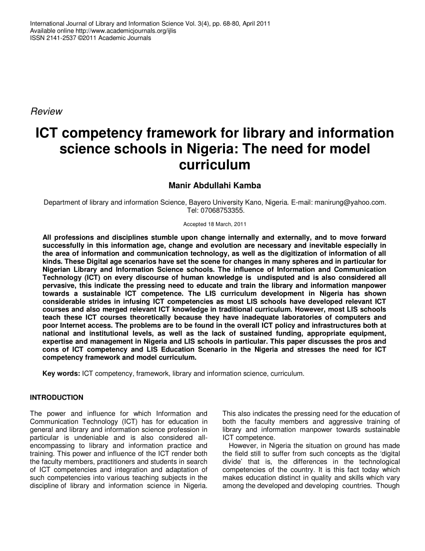 pdf  ict competency framework for library and information science schools in nigeria  the need
