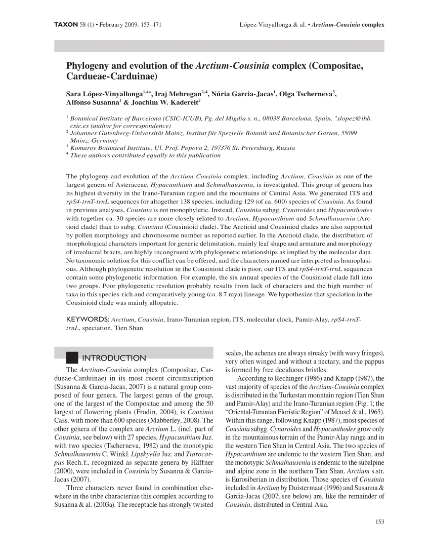 Pdf Phylogeny And Evolution Of The Arctium Cousinia Complex