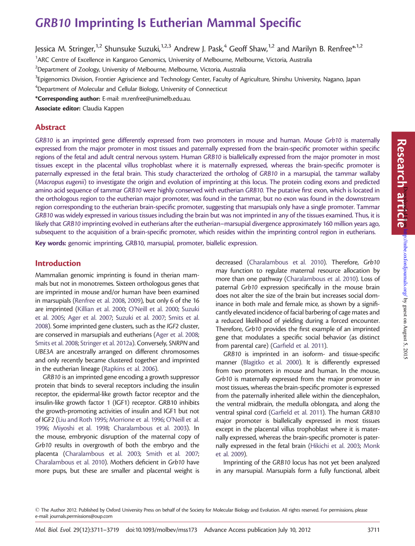 (PDF) GRB10 Imprinting Is Eutherian Mammal Specific