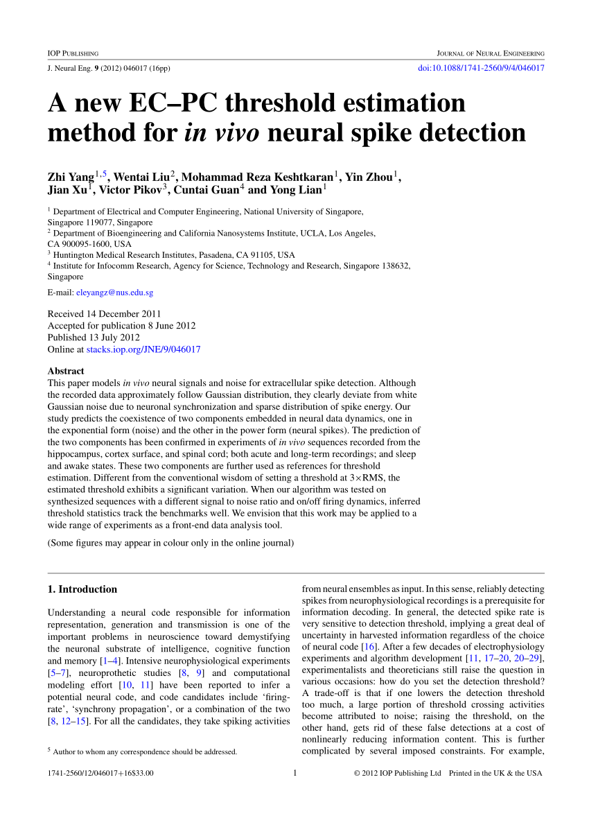 Pdf A New Ec Pc Threshold Estimation Method For In Vivo Neural Spike Detection