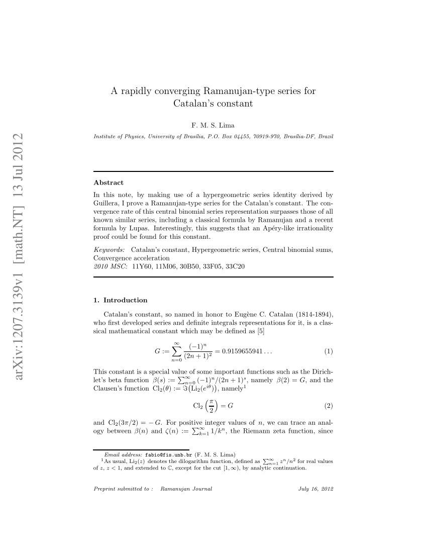Pdf A Rapidly Converging Ramanujan Type Series For Catalan S Constant