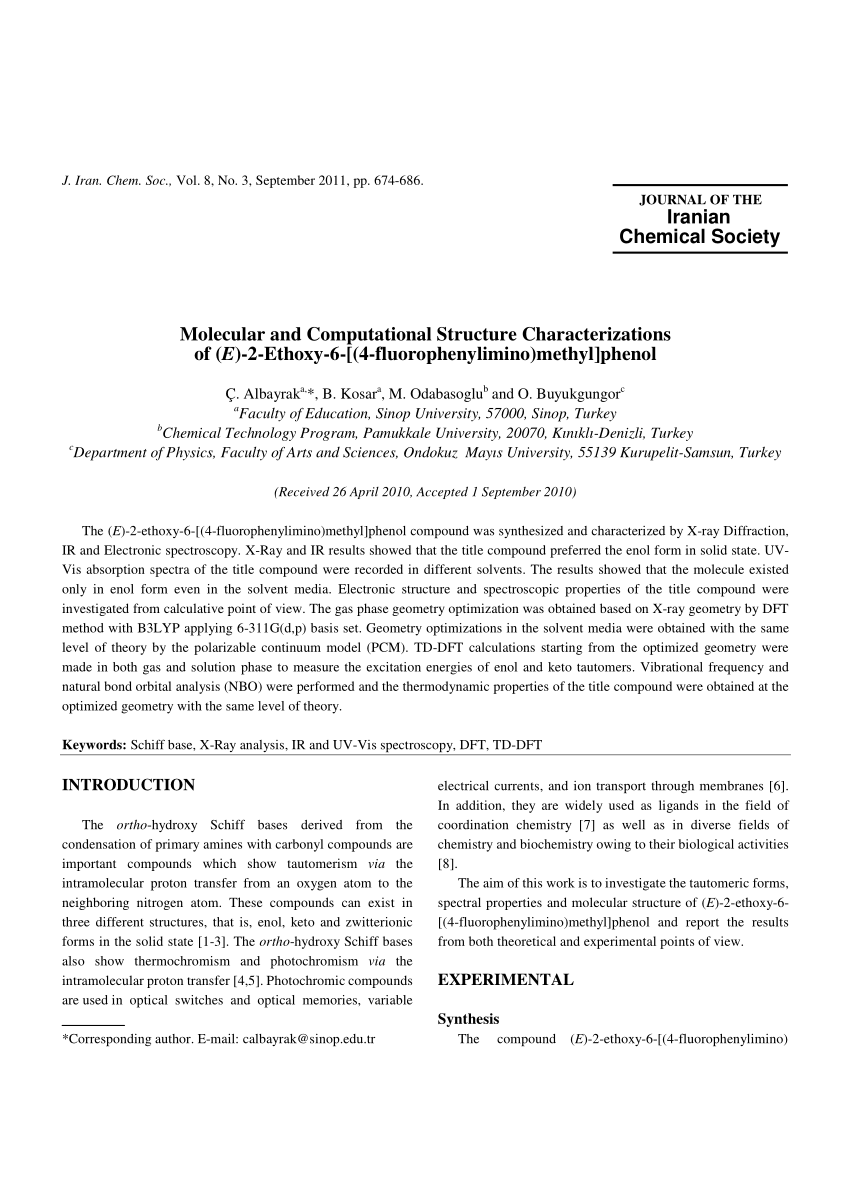 Pdf Synthesis Spectroscopic Molecular And Computational Structure Characterizations Of E 2 Ethoxy 6 Phenylimino Methyl Phenol