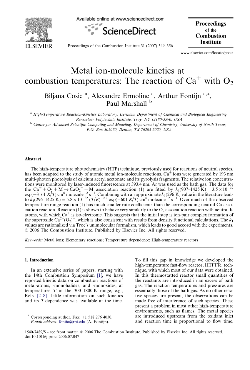 Pdf Metal Ion Molecule Kinetics At Combustion Temperatures The Reaction Of Ca With O2
