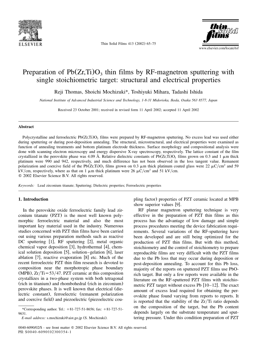PDF) Preparation of Pb(Zr,Ti)O3 thin films by RF-magnetron 