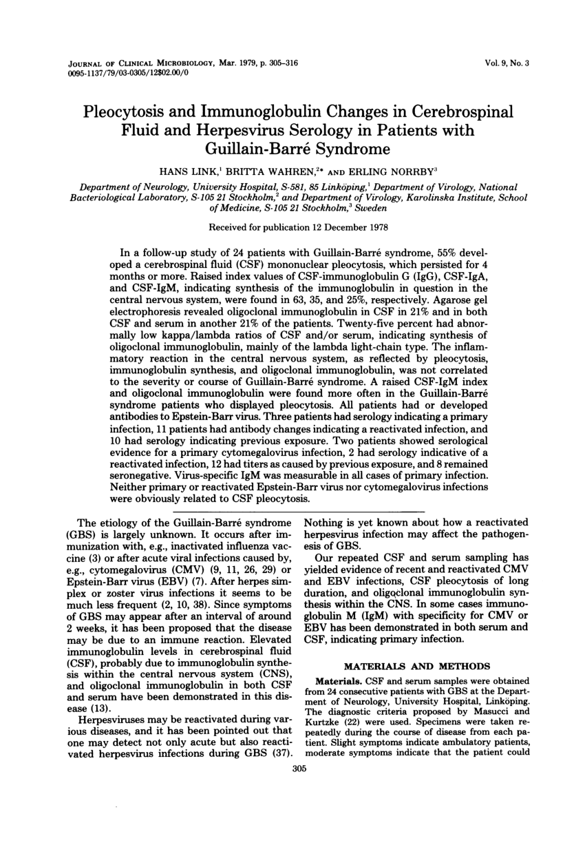 Pdf Pleocytosis And Immunoglobulin Changes In Cerebrospinal Fluid And Herpesvirus Serology In Patients With Guillain Barre Syndrome