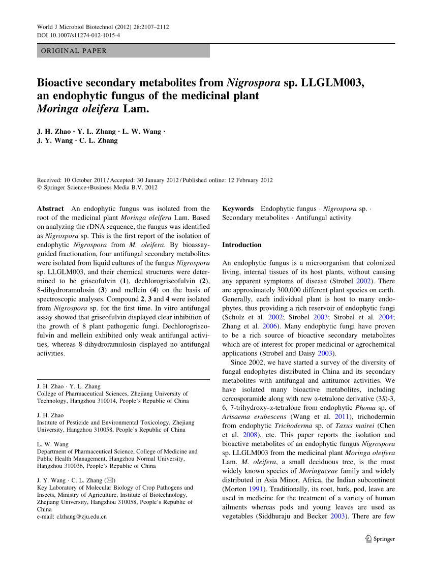 Pdf Bioactive Secondary Metabolites From Nigrospora Sp Llglm003 An Endophytic Fungus Of The Medicinal Plant Moringa Oleifera Lam