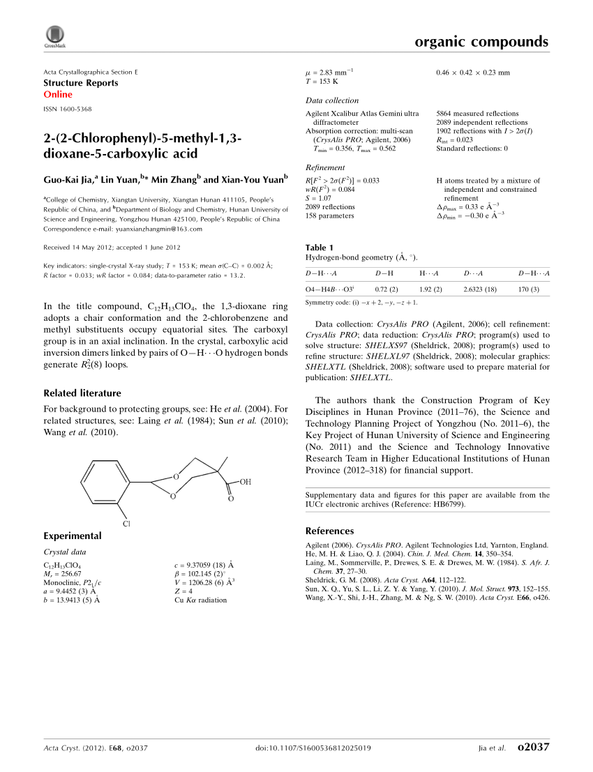 Pdf 2 2 Chlorophenyl 5 Methyl 1 3 Dioxane 5 Carboxylic Acid