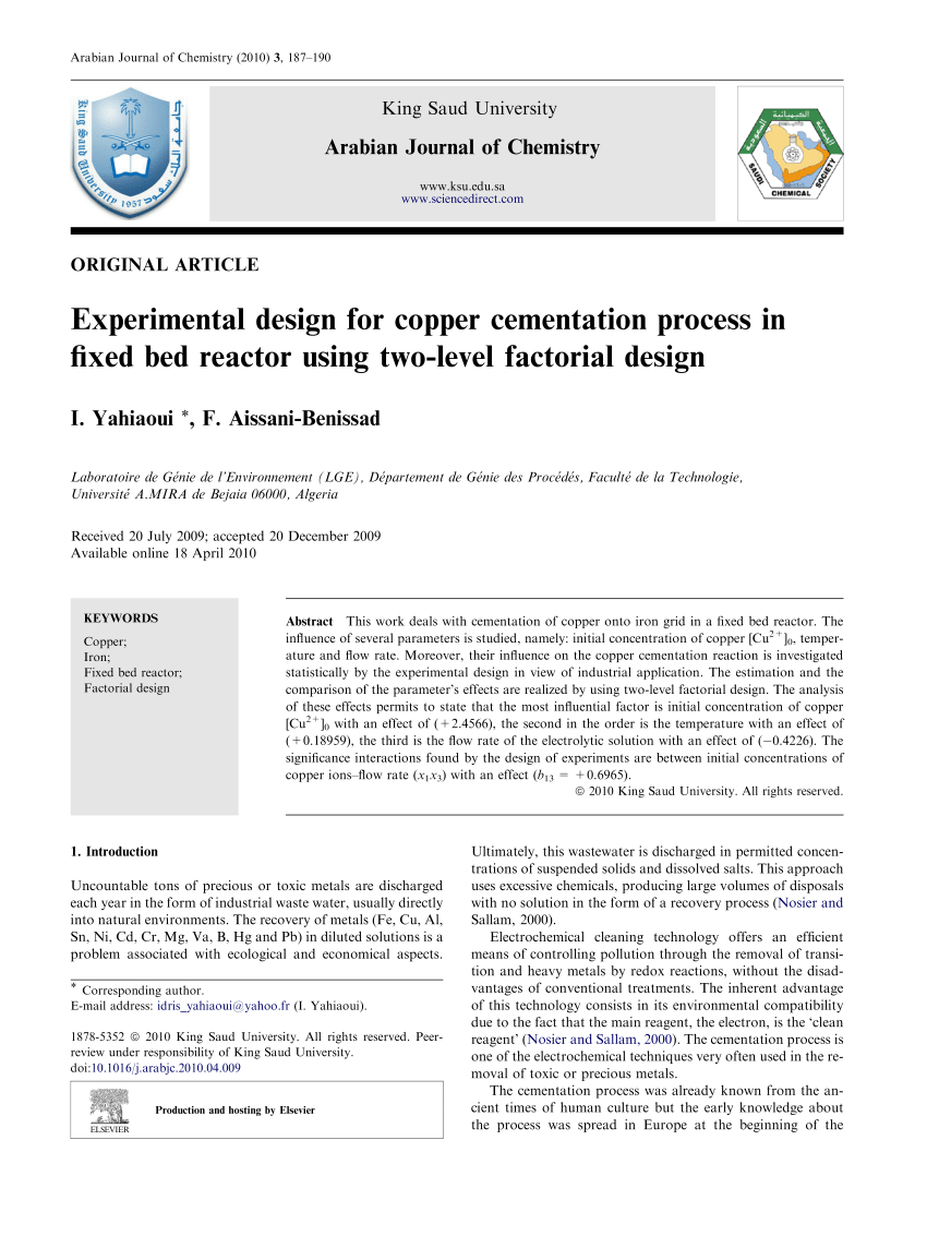 Pdf Experimental Design For Copper Cementation Process In Fixed Bed Reactor Using Two Level Factorial Design