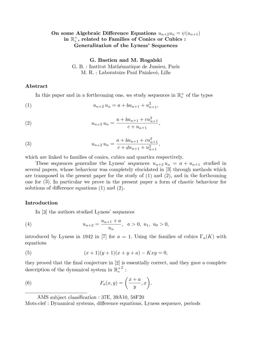 Pdf On Some Algebraic Difference Equations Un 2un Ps Un 1 In ℝ Related To Families Of Conics Or Cubics Generalization Of The Lyness Sequences