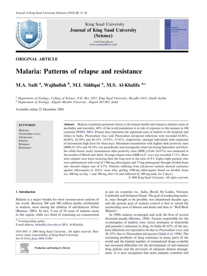 Pdf Malaria Patterns Of Relapse And Resistance